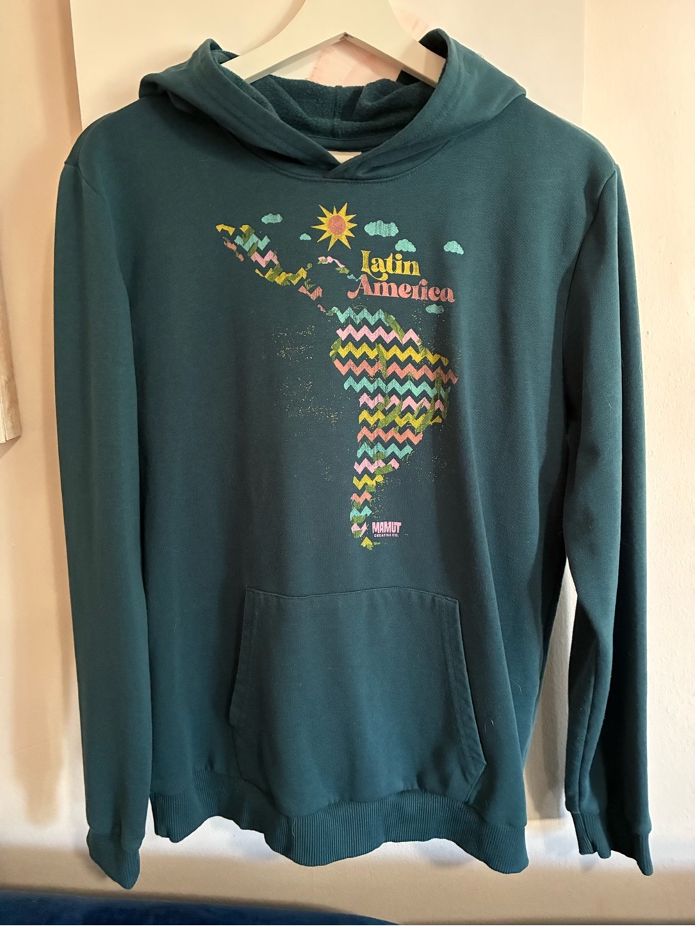 Target Teal Hoodie with Colorful Latin America Graphic